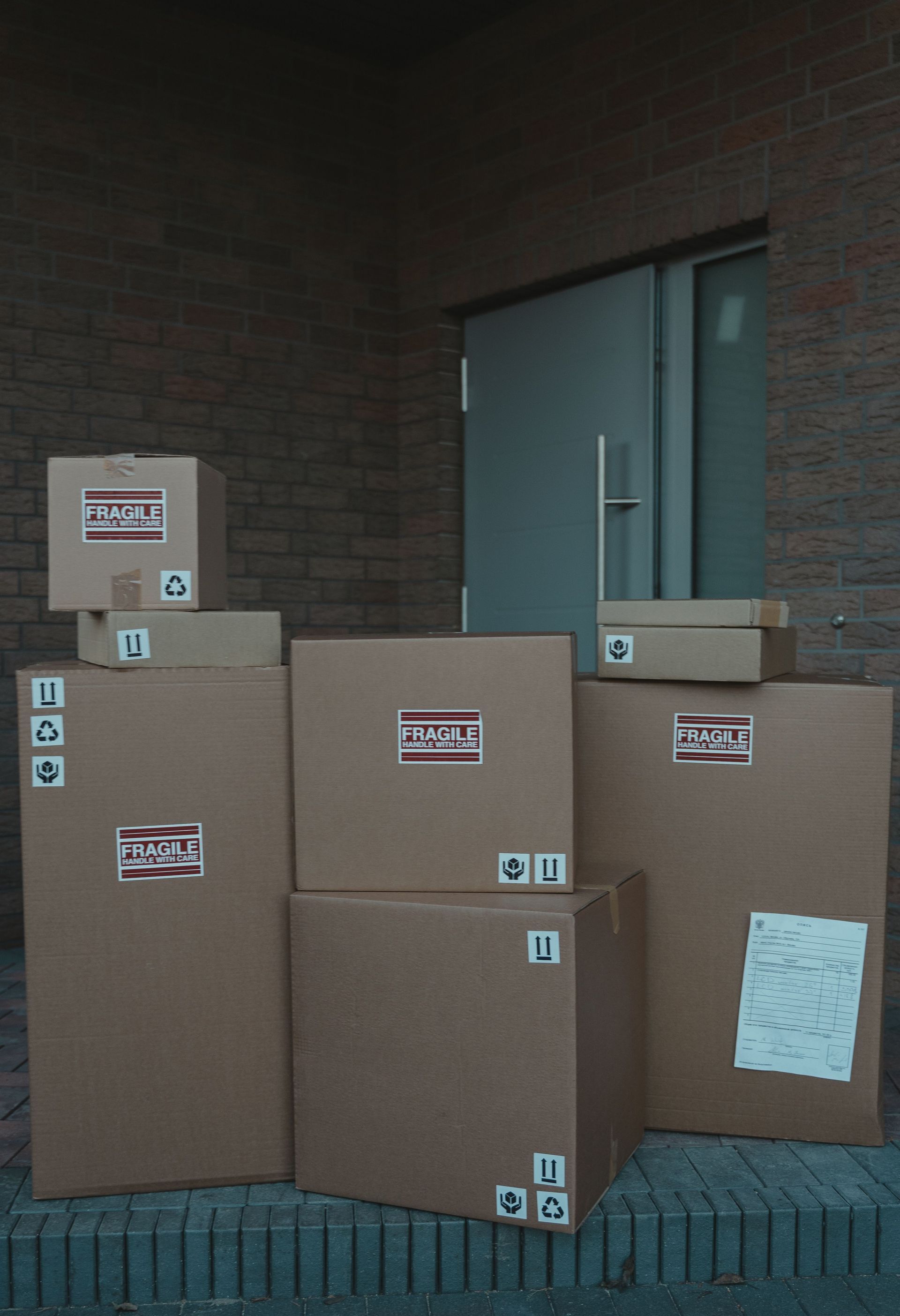 A stack of labeled cardboard boxes piled in front of a closed industrial door, symbolizing delivery service.
